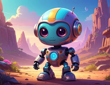 Cute 3D Robot Character in Fantasy Desert Landscape Adorable Futuristic Robot Mascot in Colorful Desert Scene