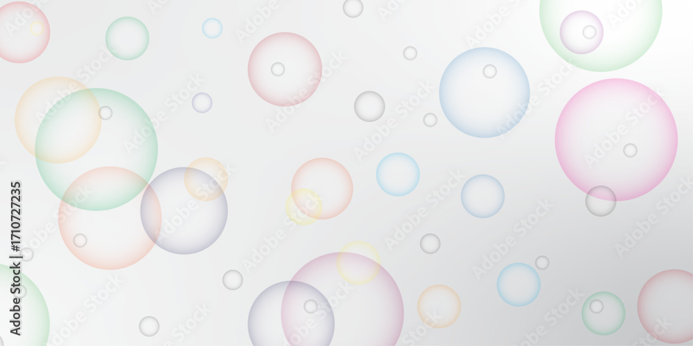 Poster soapy bright multicolored bubbles fly randomly on a white background. beautiful circles colorful soa