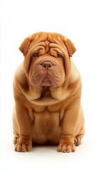 Frontal portrait of a Shar Pei dog sitting on a white background; close-up studio shot of a wrinkled, tan puppy with a sad expression