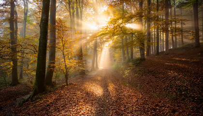 Fototapeta premium Misty Forest Path With Autumn Foliage And Sunlight Filtering Through The Trees