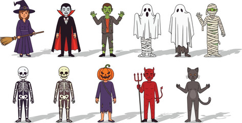 A collection of ten cartoon halloween costumes standing on a white background with shadows cast below