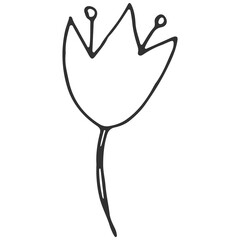 A simple, hand-drawn black-and-white line art illustration of a stylized tulip flower with a curved stem and two stamen, isolated on white.
