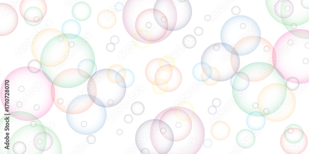 Poster soapy bright multicolored bubbles fly randomly on a white background. beautiful circles colorful soa