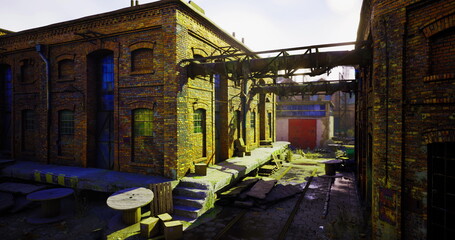 An overgrown industrial site features weathered brick buildings bathed in sunlight. The area is filled with old machinery, rubble, and scattered debris, creating a haunting yet intriguing atmosphere.