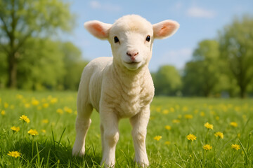Cute lamb standing in green field on sunny day