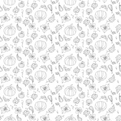 Seamless pattern with pumpkins, flowers and leaves. Autumn design for fabric, templates, wallpaper, cards.