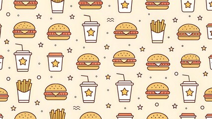 Whimsical fast food pattern seamless repeating design hamburgers fries drinks cute