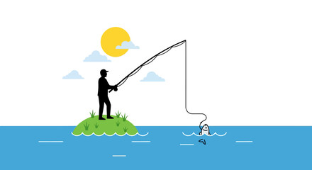 Angler enjoying a sunny day fishing on a small island, with a fish on the hook, outdoors