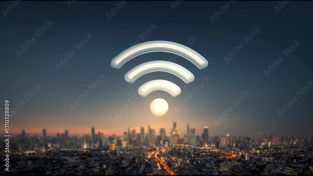 Aufkleber wifi signal over city skyline at sunset. wireless connection technology and digital communication co