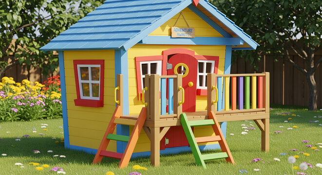 A vibrant, colorful wooden playhouse nestled in a lush green garden, inviting children to whisk away into a world of imagination and creative outdoor play