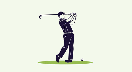 Minimalist vector illustration of a male golfer in a dynamic follow-through swing pose on the green. Modern line art of a sportsman playing golf