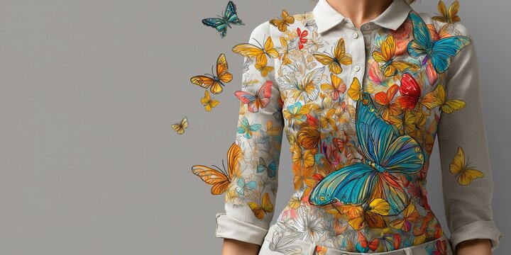 Fashion-forward concept blending realistic and artistic butterfly motifs on wearable apparel for creative branding or spring campaigns, butterfly in the stomach concept