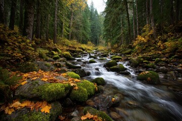 Obraz premium Cascading Stream Flows Through Lush Forest in Autumn Low Angle Shot of Mossy Rocks and Golden Leaves