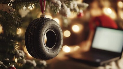 Miniature tire hanging as christmas ornament on tree with laptop in background - Powered by Adobe