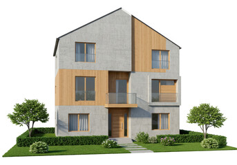 Modern three-story residential house with a unique asymmetrical design and lush landscaping transparent background