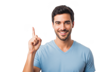 Man pointing up with a smile isolated on transparent background