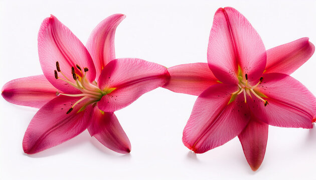 Two Vibrant Pink Lilies Flowering Separately On White