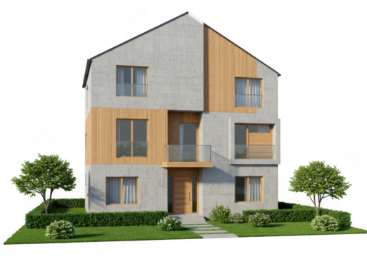 Modern three-story residential house with a unique asymmetrical design and lush landscaping transparent background