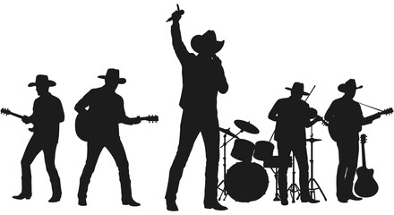 Silhouetted country band performing onstage with vocalist and instrumentalists