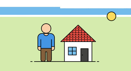 A simple illustration of a person standing next to a small house under a bright sun and clear sky