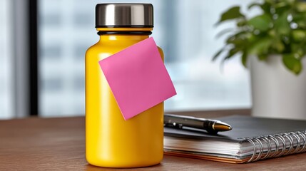 A yellow thermos with a pink sticky note on it sits on a table next to a pen and a notebook