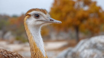 Headshot of a Rhea: A detailed portrait captures the striking features of a rhea, showcasing its distinct plumage and expressive eye, set against a blurred background of autumnal colors.
