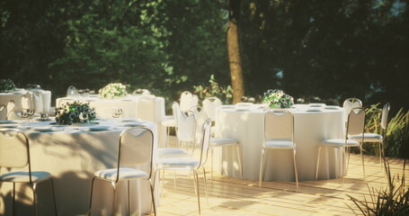 Tables are set with white tablecloths and floral centerpieces in a lush garden. Natural light highlights the serene ambiance, perfect for celebrations or gatherings.