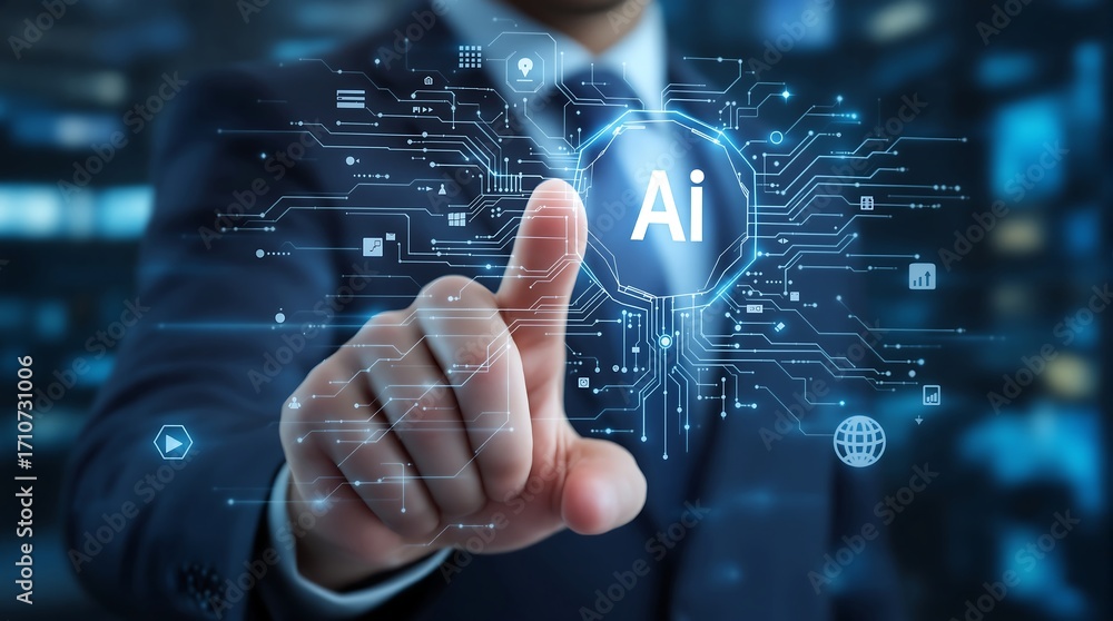 Aufkleber artificial intelligence ai technology concept businessman touching digital interface network system
