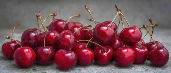 Pile of Fresh Red Cherries Close Up Still Life Studio Shot on Gray Surface Rich Color and Detail Healthy Eating