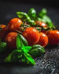 Close-up of Fresh Cherry Tomatoes and Basil Leaves with Water Droplets on Dark Surface, Low Angle, Studio Shot