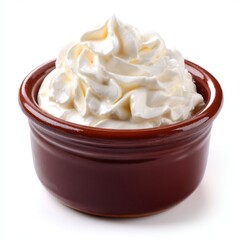 Whipped cream in brown bowl on white background studio shot close up dessert topping sweet dairy product