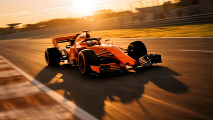 Orange Formula One car speeding on racetrack at sunset