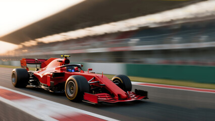 Red Formula One car speeding on racetrack at sunset