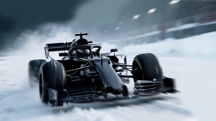 Sleek black race car at high speed on a snowy track