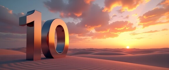 Shiny metallic number 10 in a vast desert landscape at vibrant sunset