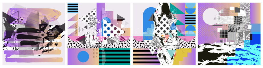 Geometric Abstract Collage with Neon Gradients and Multicolored Shapes. Modern Vector Design for Creative Projects.