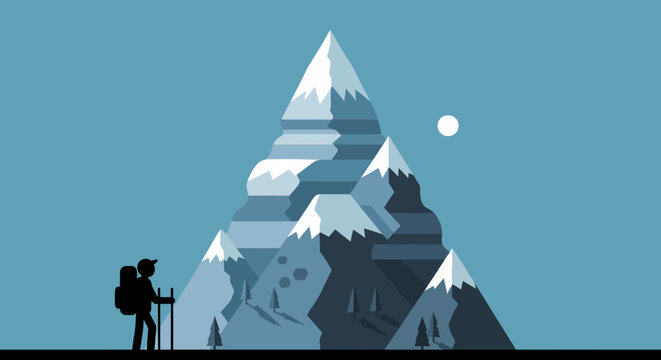 Silhouette of a lone hiker with a backpack facing a majestic snow-capped mountain, symbolizing a journey of challenge and achievement