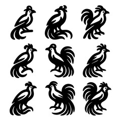 Nine Stylized Black Rooster Silhouettes with Varied Crests and Tail Feathers.