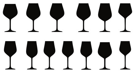 A collection of black silhouette wine glasses in varying shapes and sizes