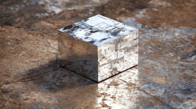A shiny metal cube rests on a textured surface, reflecting the surrounding environment and creating a distorted, abstract image within its form