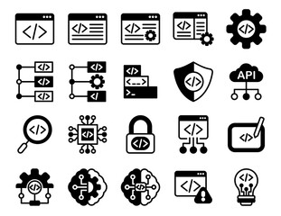 coding and prompt collection. coding and prompt vector icons. isolated on white background. coding and prompt in solid black style. vectors	