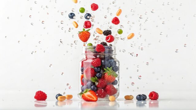 Conceptual image of vitality: dynamic explosion of supplements and fresh fruit, frozen in mid-air, vivid colors