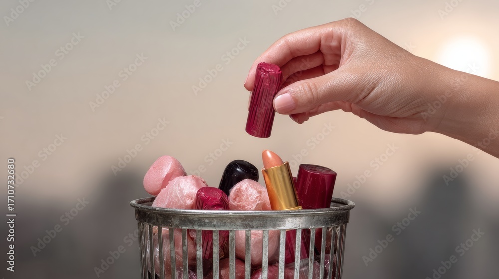 Poster a hand is reaching into a metal container filled with various colored lipsticks. concept of curiosit
