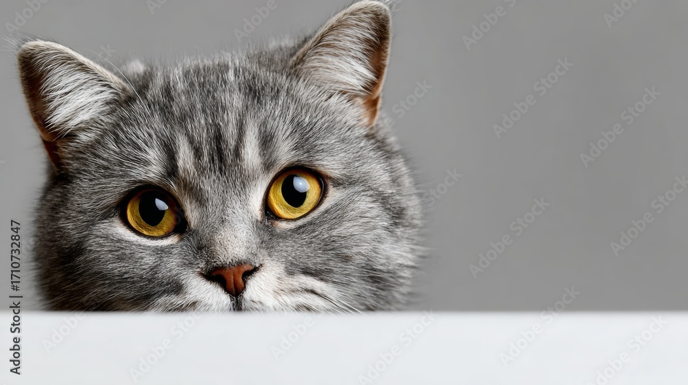Poster a cat with yellow eyes is looking at the camera. the cat is looking at the camera with a curious exp