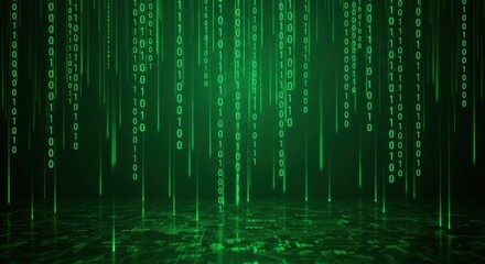 Digital binary code rain falling onto a reflective circuit board. Concept of cybersecurity, big data, programming, and blockchain technology.