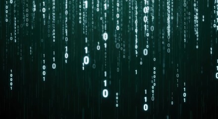 Falling binary code on a dark background. Data stream and information technology concept. Digital code and computer science.