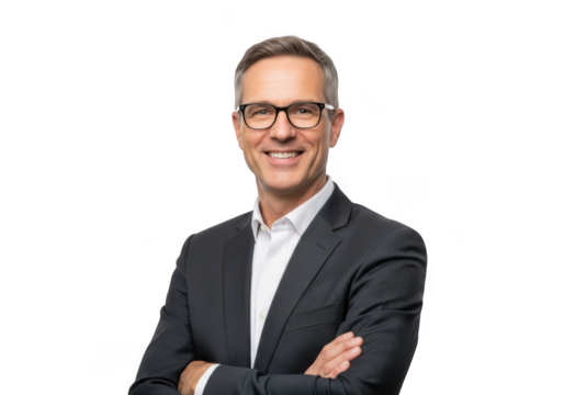 Smiling man in suit and glasses isolated on transparent background