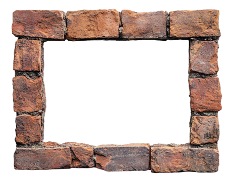 Rectangular frame made of old vintage bricks, isolated on transparent cutout background