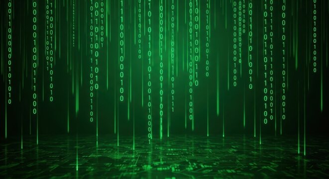 Digital binary code rain falling onto a reflective circuit board. Concept of cybersecurity, big data, programming, and blockchain technology.