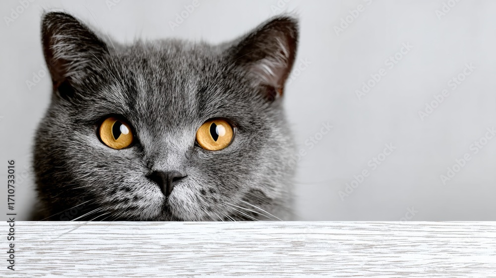 Poster a grey cat with yellow eyes is looking at the camera. the cat is looking at the camera with a curiou